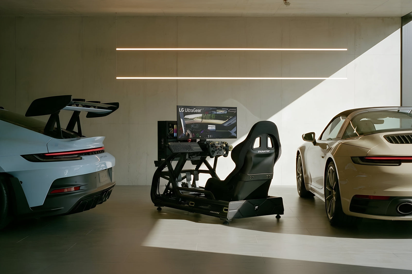Complete turnkey racing simulator setup in a car dealership showroom floor — Fanatec cockpit with monitor and PC