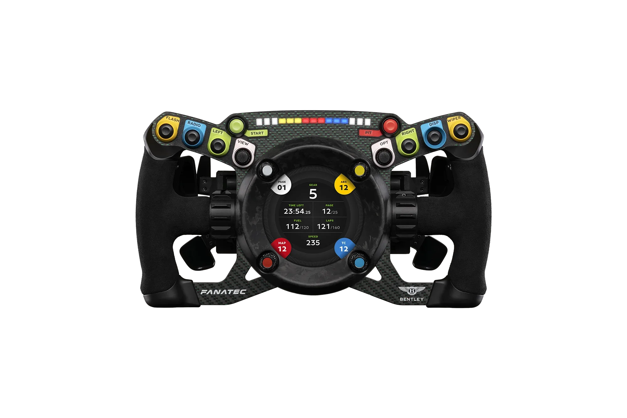 Fanatec Podium Bentley GT3 wheel front view — gauges, paddle shifters and ergonomic grip for endurance sim racing