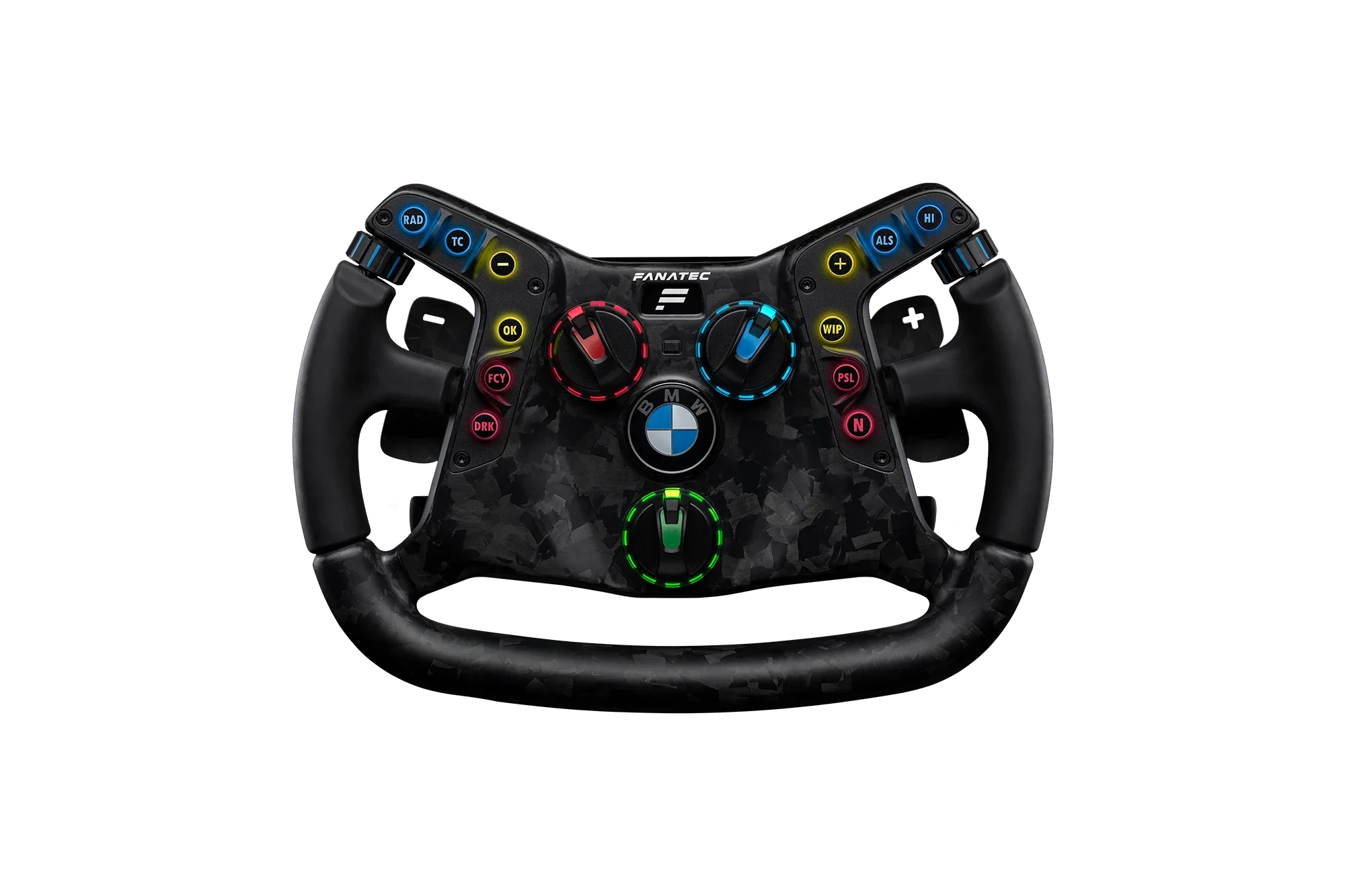 Fanatec Podium BMW M4 GT3 wheel front view — magnetic paddle shifters and quick-release hub