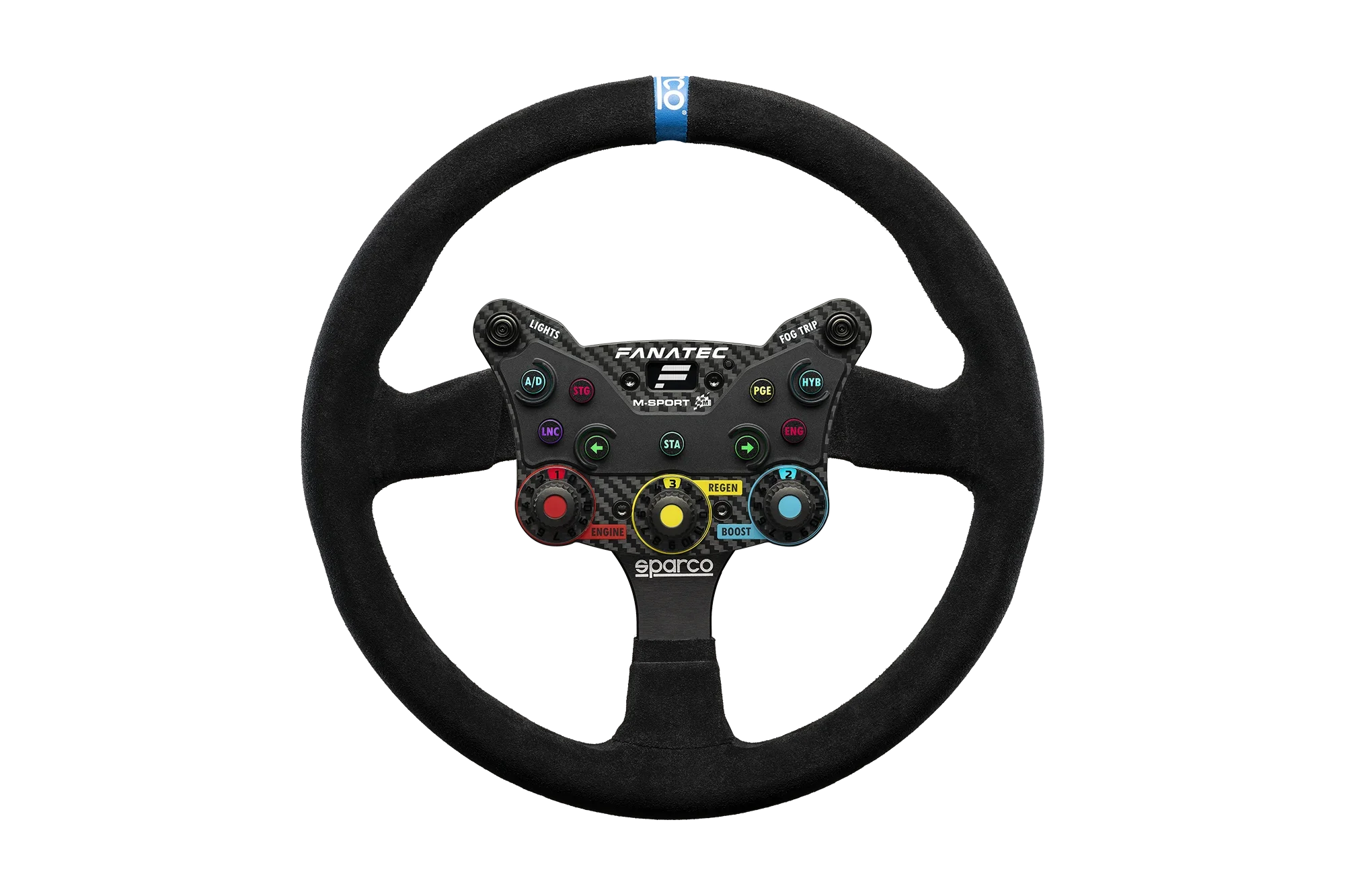 Fanatec Podium Steering Wheel Monte Carlo Rally wheel front view — paddle shifters and ergonomic grip for sim racing