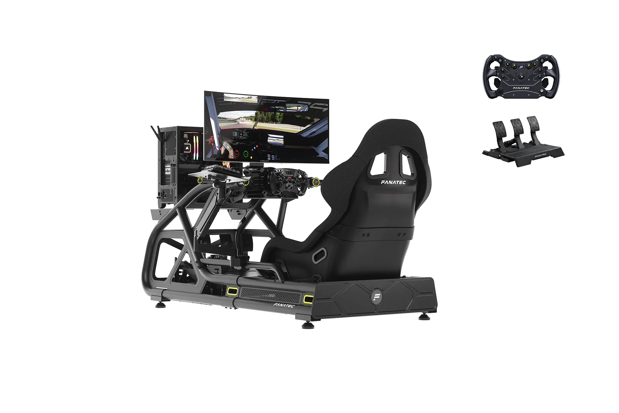 Sprint Package complete sim racing setup — direct drive wheelbase, load cell pedals, aluminum cockpit, and racing seat