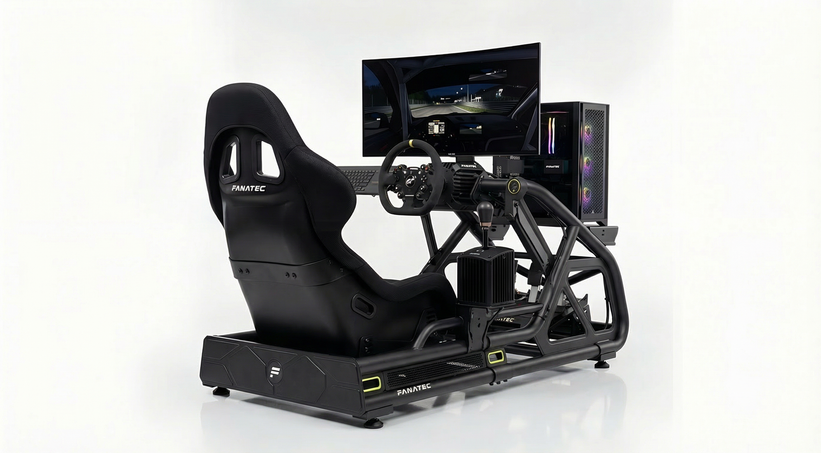 Turnkey Touring Package curated Fanatec sim racing cockpit with direct drive wheelbase, pedals, and GT steering wheel