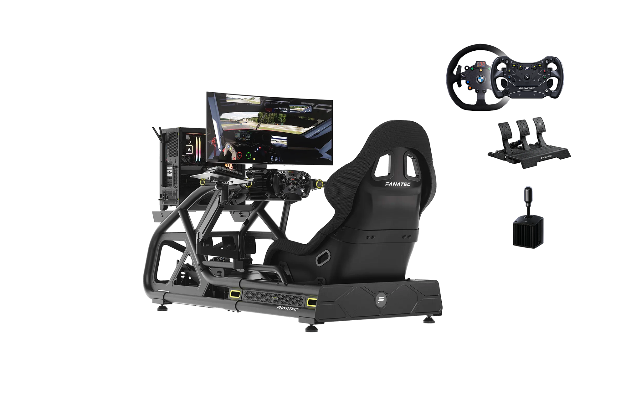 Touring Package turnkey racing simulator — curated cockpit with direct drive wheel, pedals, shifter, and monitor