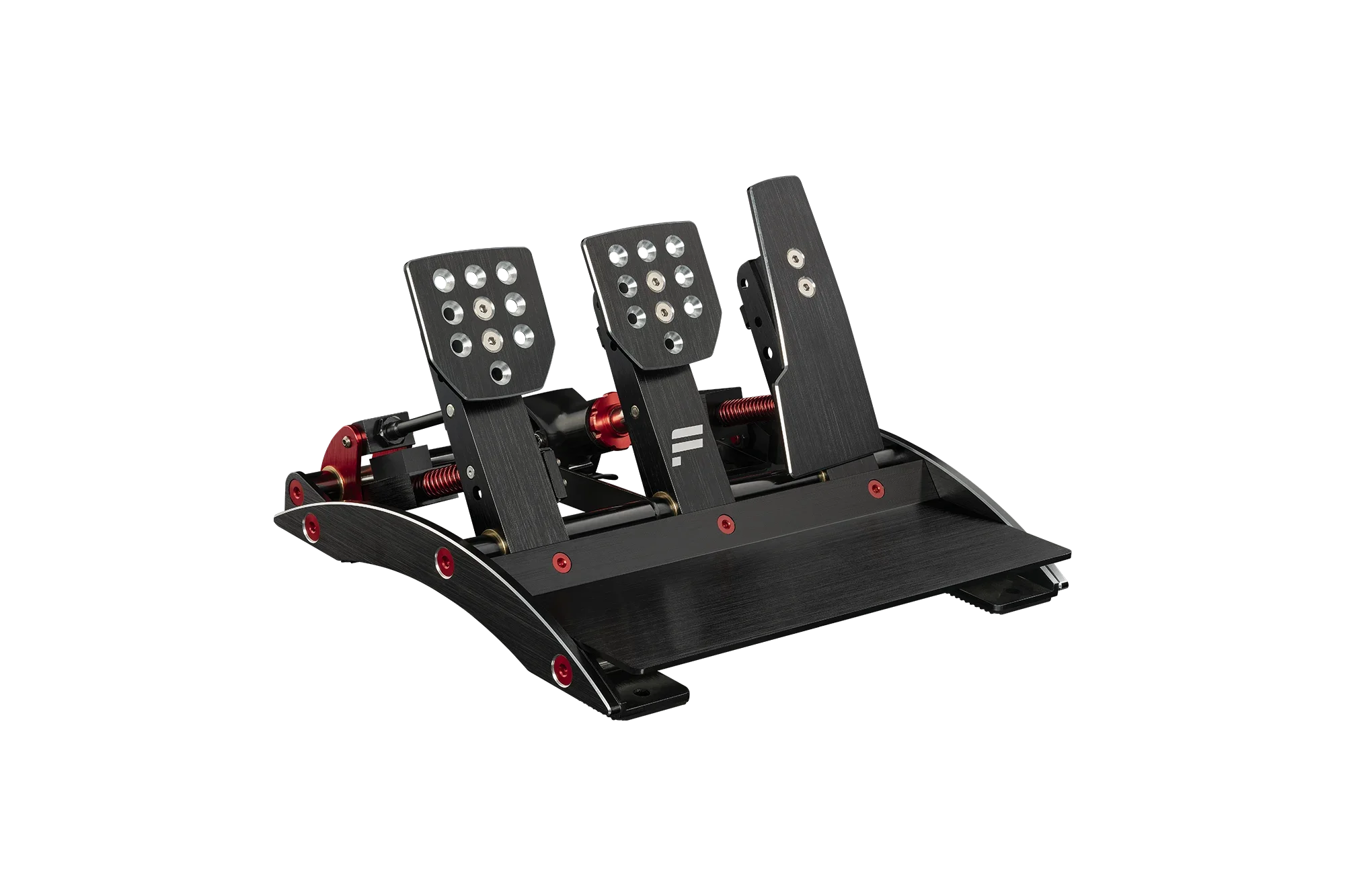Fanatec ClubSport V3 pedal set — three-pedal configuration with adjustable load cell brake included in Turnkey packages