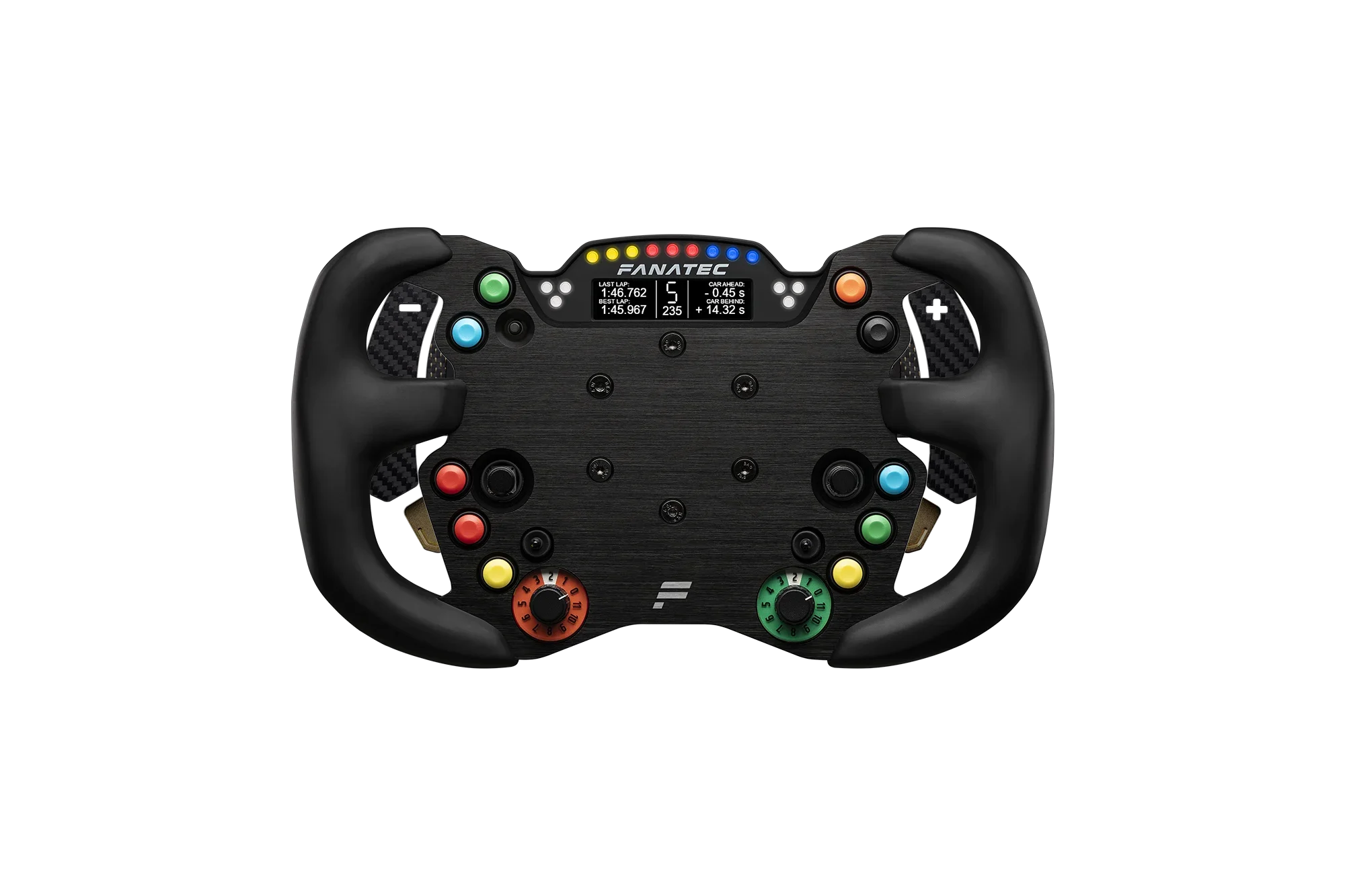 Fanatec Podium GT3 Endurance steering wheel — front view with LED rev lights and carbon fiber construction