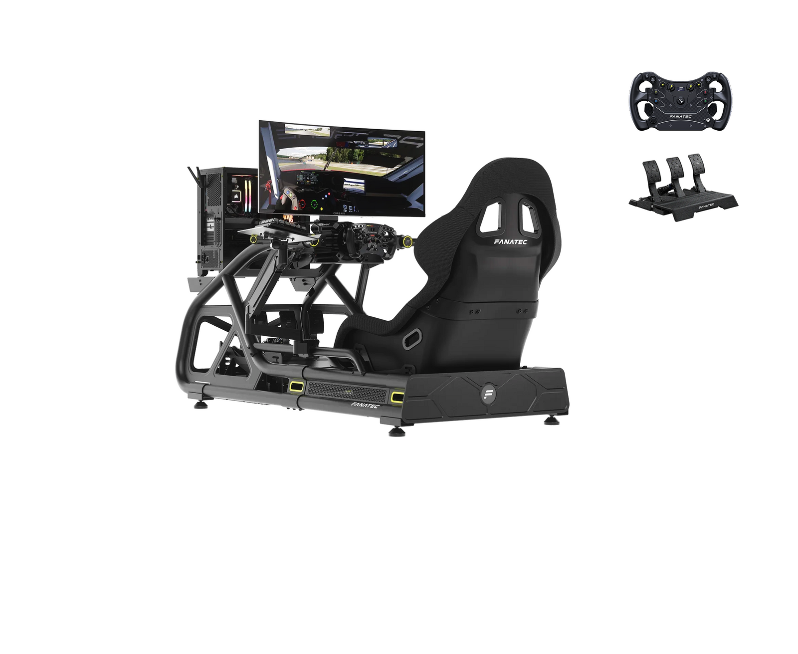 Turnkey racing simulator Sprint Package complete sim racing cockpit with steering wheel, pedals, and gaming monitor