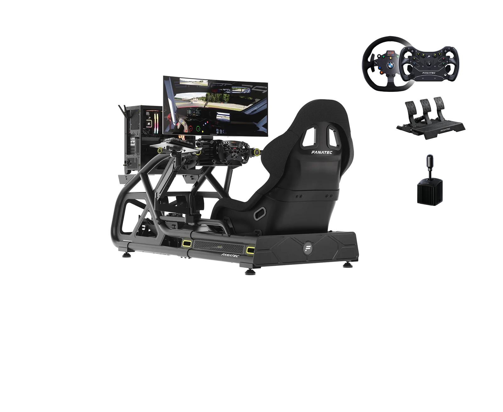 Complete turnkey sim racing setup Touring Package with direct drive wheelbase, load cell pedals, and aluminum cockpit